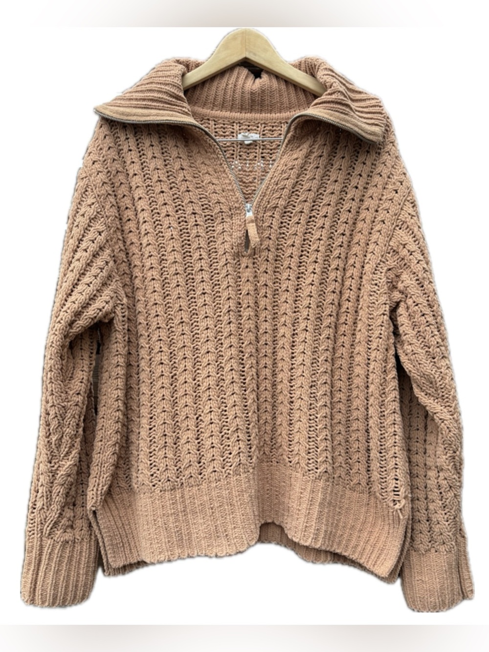 Aerie womens Cozy Zip-Neck Cable Knit Sweater Brown Medium Cabincore Fall Winter